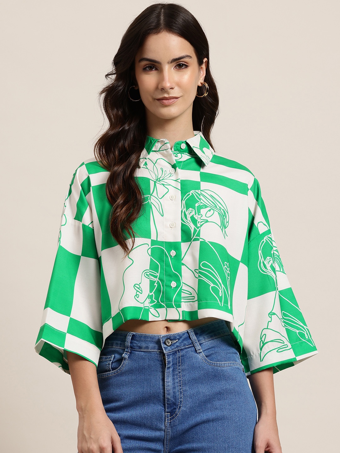 

HERE&NOW Checked Drop Shoulder Sleeves Crop Shirt, Green