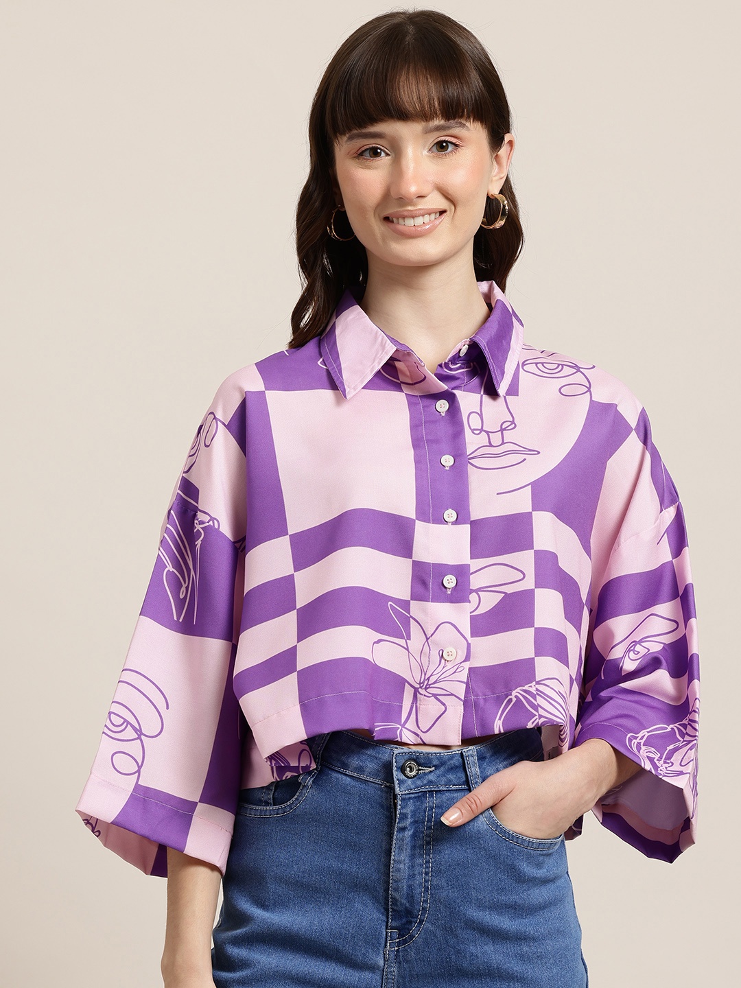 

HERE&NOW Checked Drop Shoulder Sleeves Crop Shirt, Purple