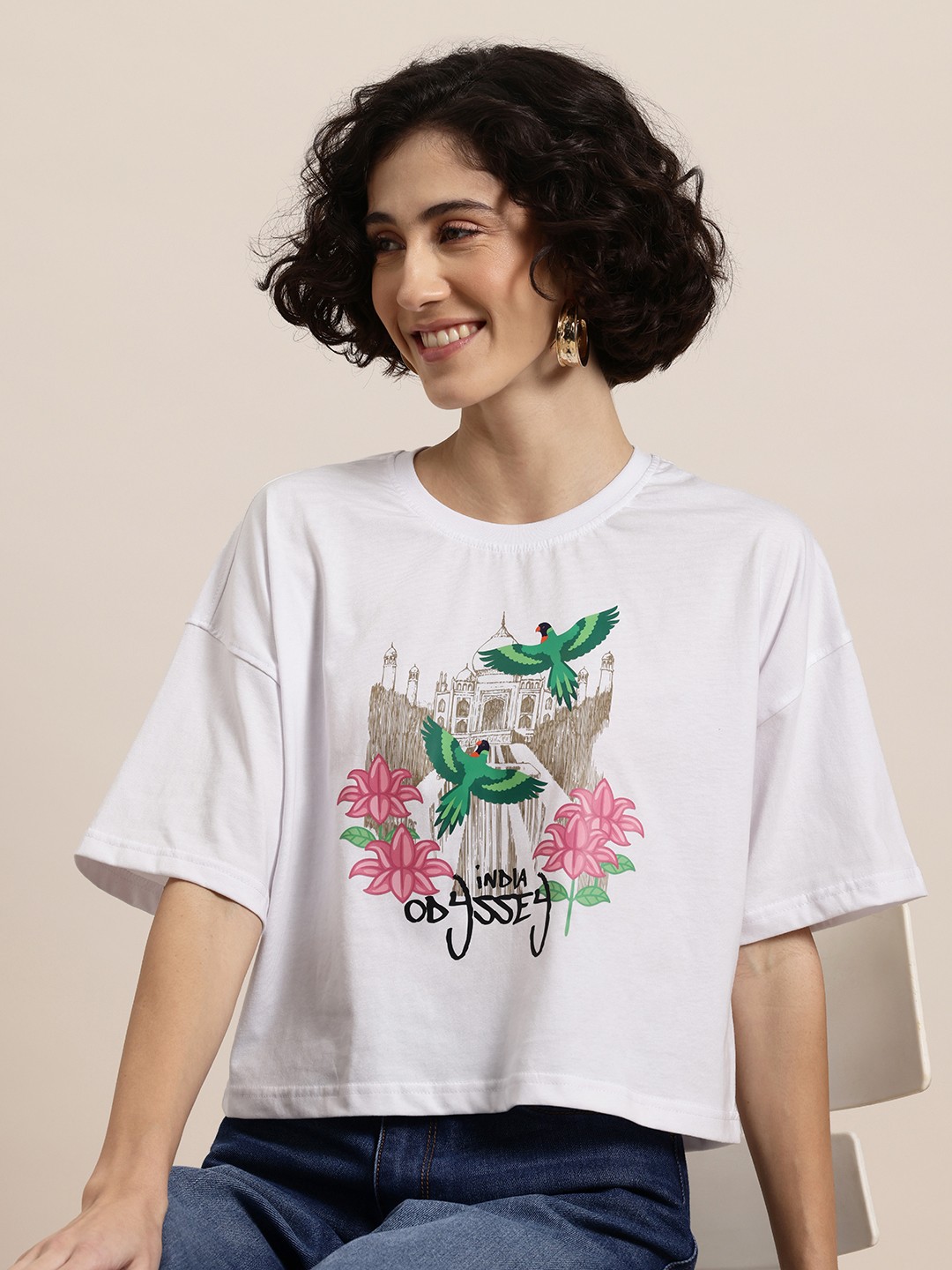 

HERE&NOW Women Printed Drop-Shoulder Sleeves Boxy T-shirt, White