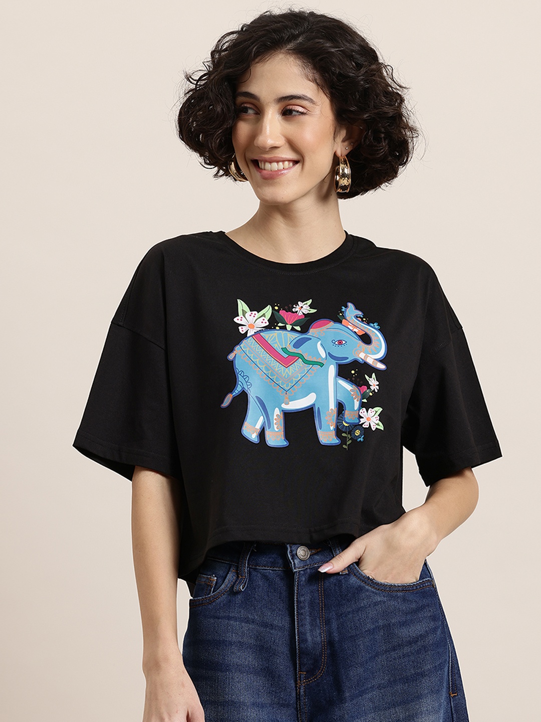 HERE&NOW Women Printed Drop-Shoulder Sleeves Boxy T-shirt, Black