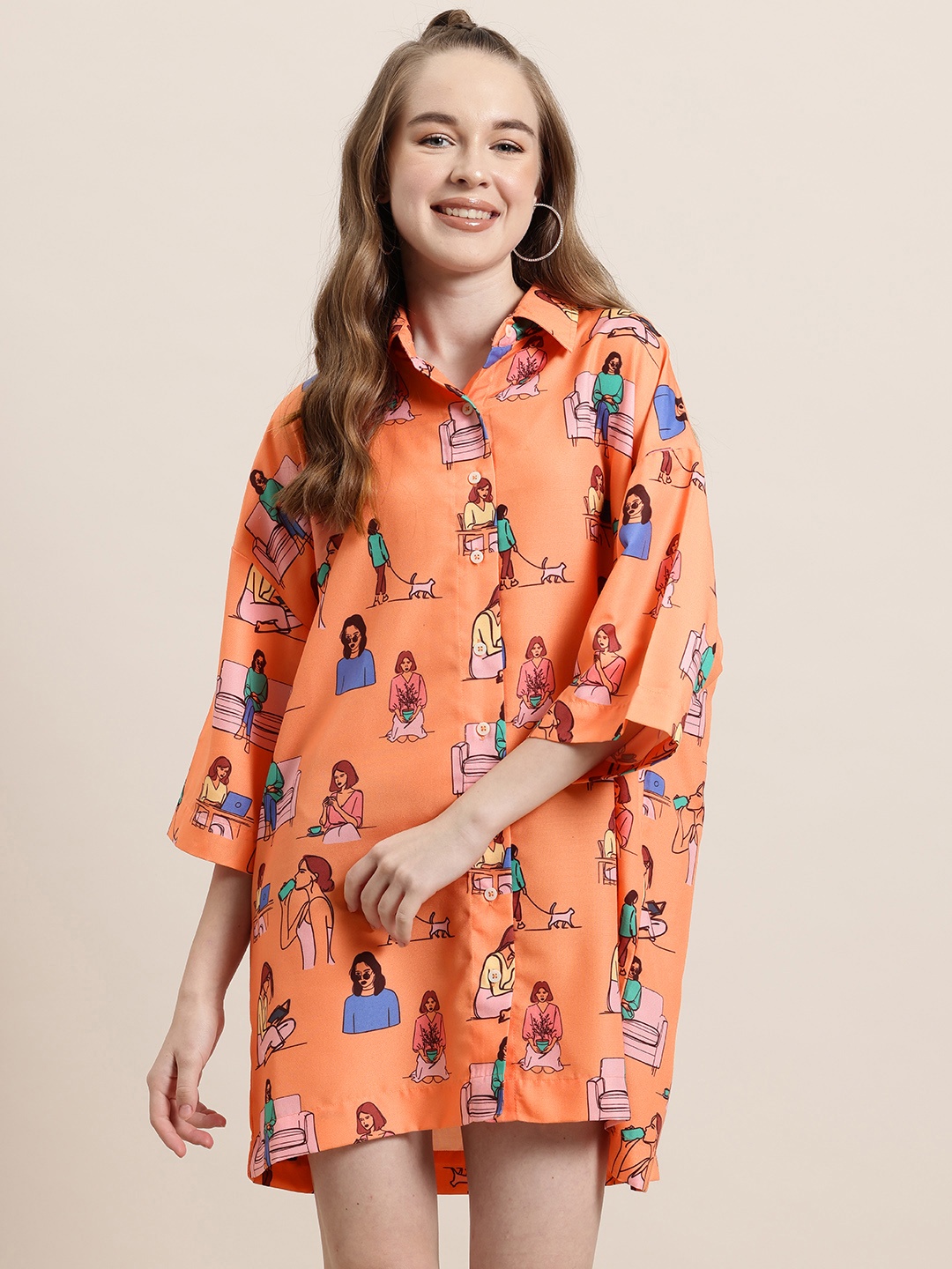 

HERE&NOW Printed Oversized Shirt Mini Dress, Orange
