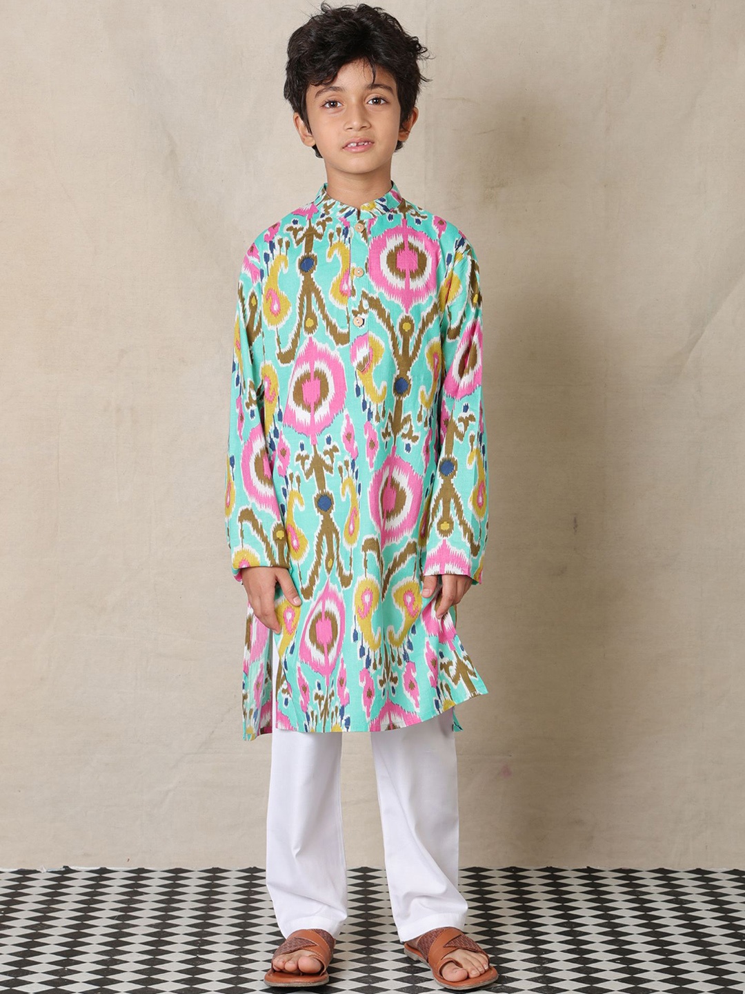 

Anthrilo Boys Band Collar Ethnic Motifs Printed Pure Cotton Straight Kurta with Pyjamas, Sea green