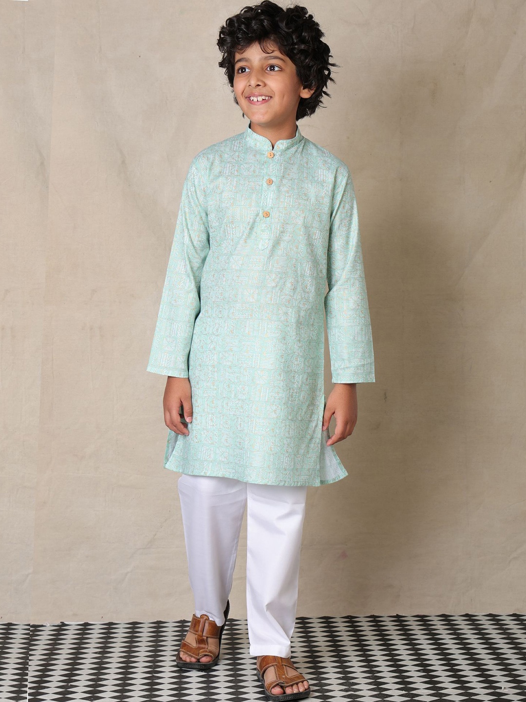 

Anthrilo Boys Band Collar Ethnic Motifs Printed Pure Cotton Straight Kurta with Pyjamas, Sea green