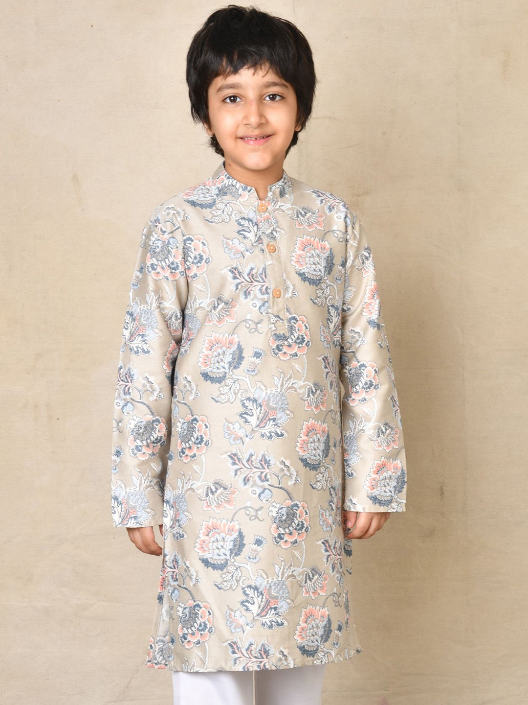 

Anthrilo Boys Band Collar Floral Printed Cotton Long Sleeves Straight Kurta, Beige