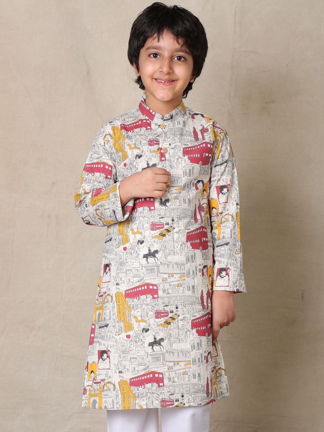 

Anthrilo Boys Abstract Printed Long Sleeves Pure Cotton Straight Kurta, White