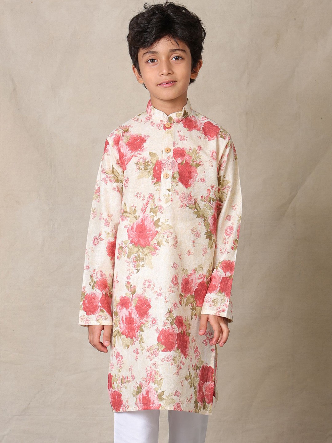 

Anthrilo Boys Band Collar Floral Printed Straight Kurta, Beige