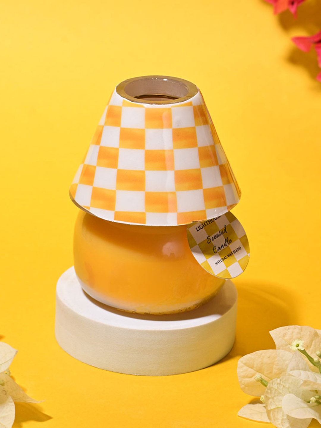 

LIGHTHOUSE CANDLE Yellow & White Checked Ginger Peach Aroma Scented Glass Lamp Candle
