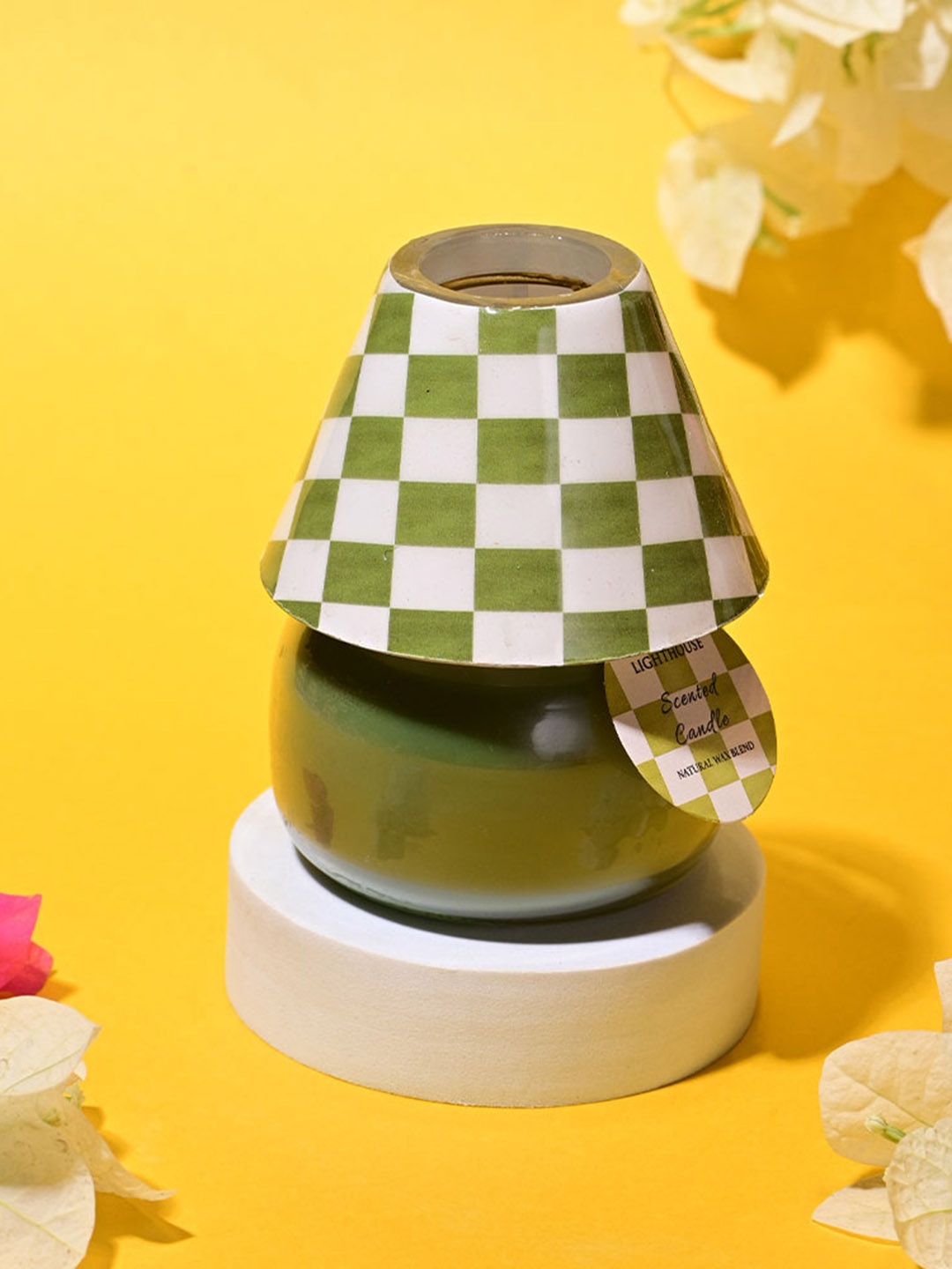

LIGHTHOUSE CANDLE Green & White Checked Jasmine Green Tea Aroma Scented Glass Lamp Candle