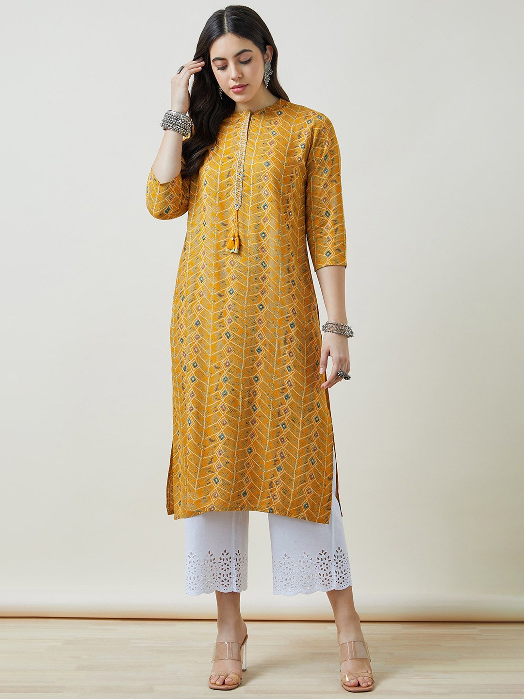 

Soch Women Rayon Abstract Print Kurta With Faux Mirror, Mustard