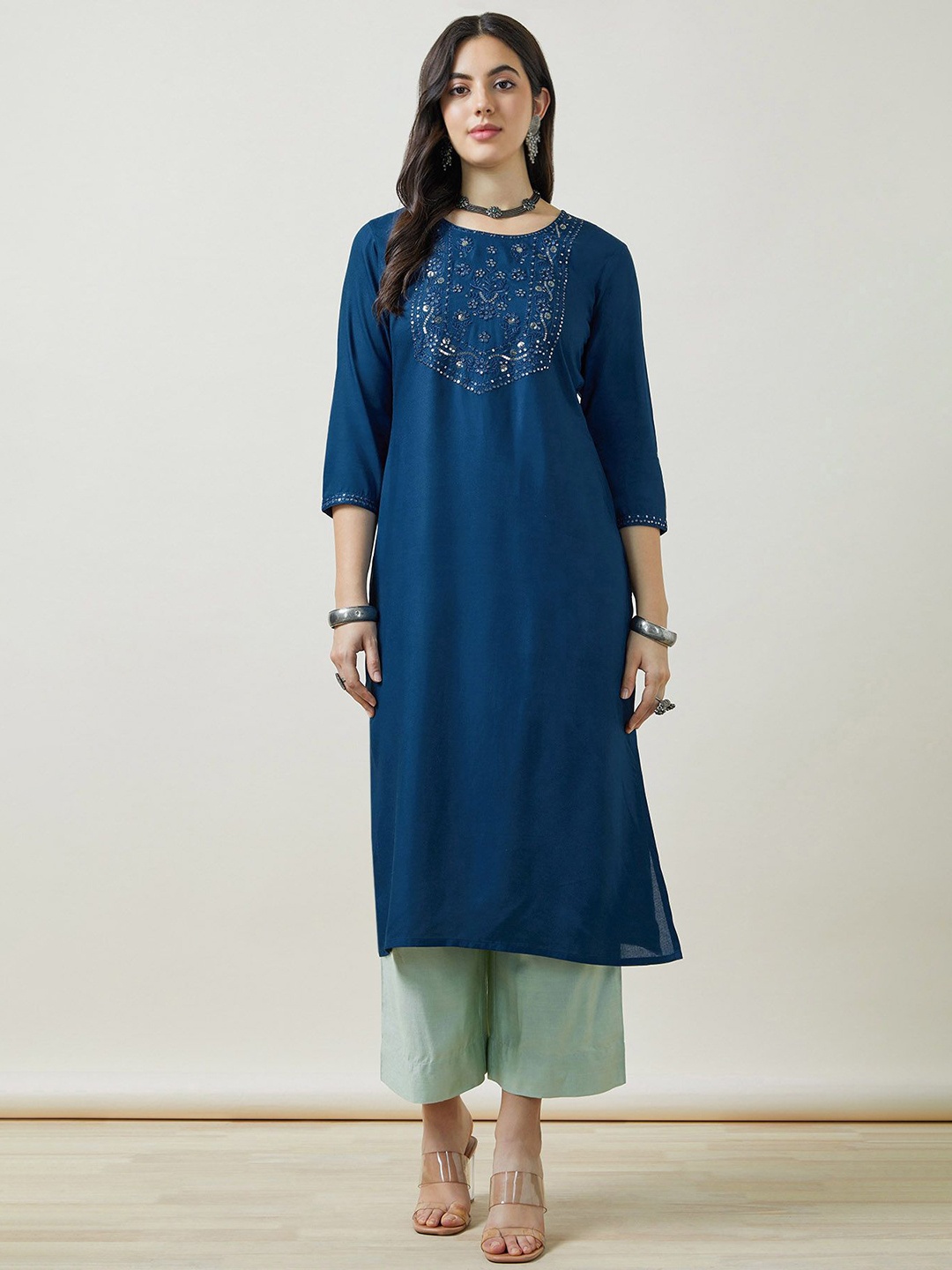 

Soch Women Rayon Embroidered Kurta With Sequins, Blue