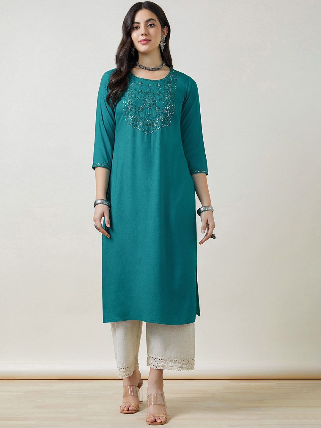 

Soch Women Rayon Embroidered Kurta With Sequins, Teal