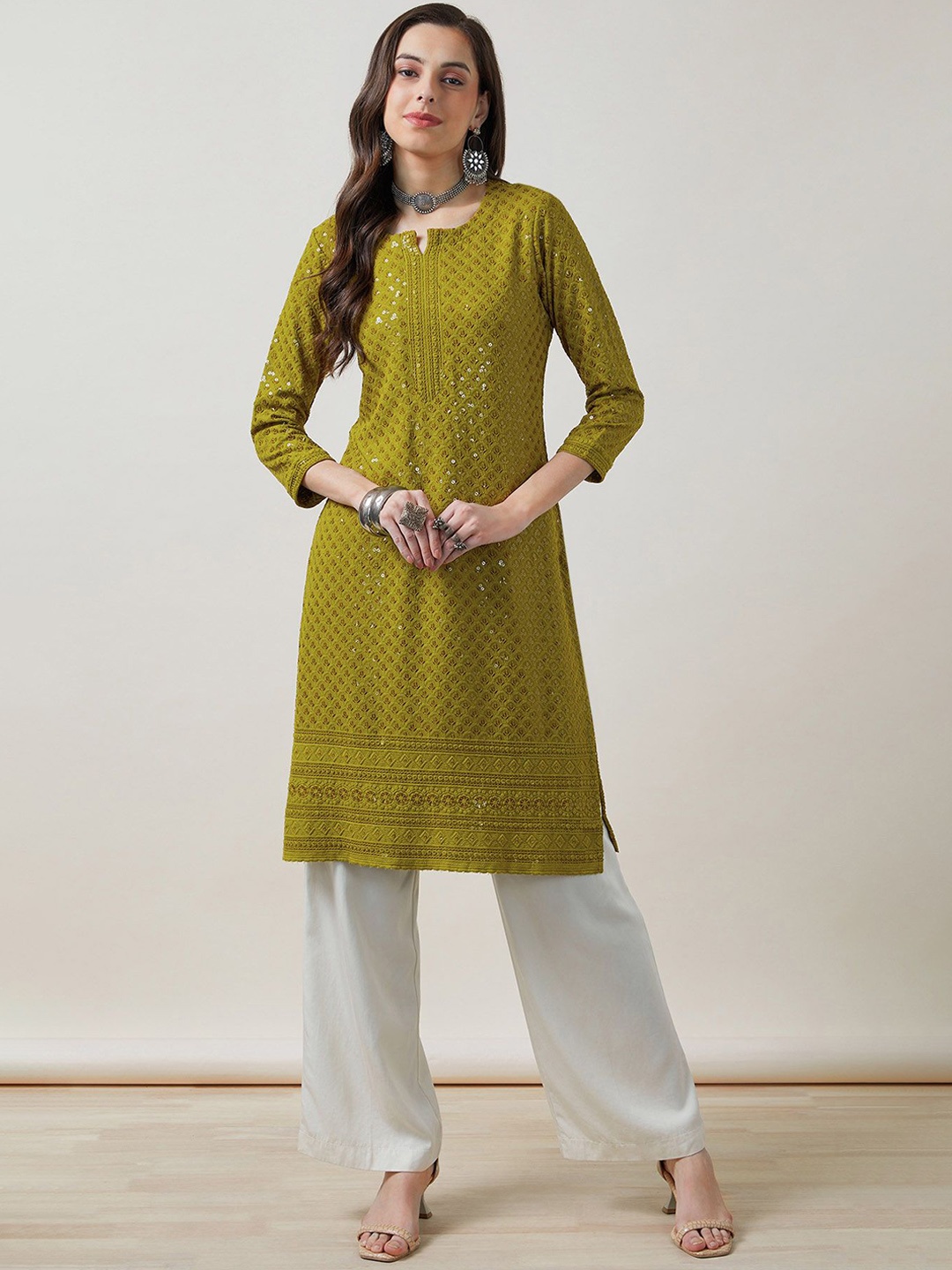 

Soch Women Rayon Embroidered Kurta With Sequins, Olive