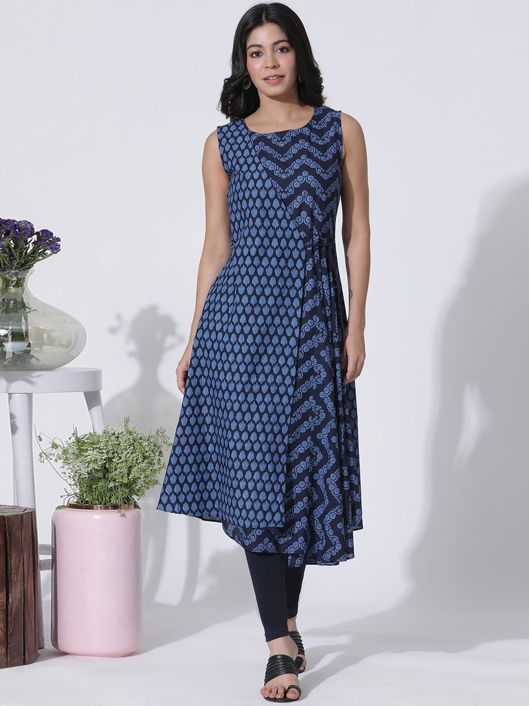 W Women Floral Printed Angrakha Mirror Work Pure Cotton Kurta, Blue