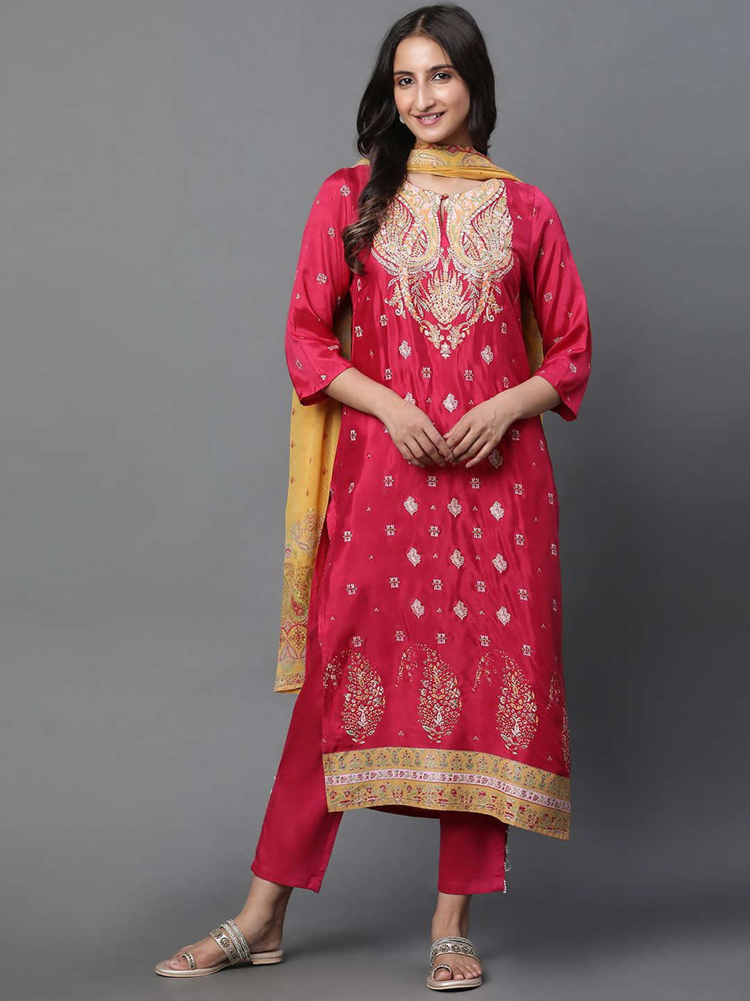 

W Floral Printed Keyhole Neck Straight Kurta with Trousers & Dupatta, Coral