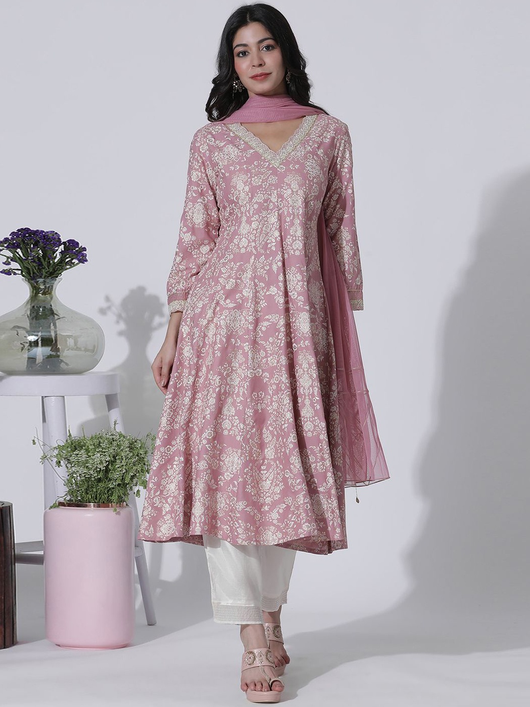 

W Floral Printed Thread Work Long Sleeves Anarkali Kurta with Trousers & Dupatta, Pink