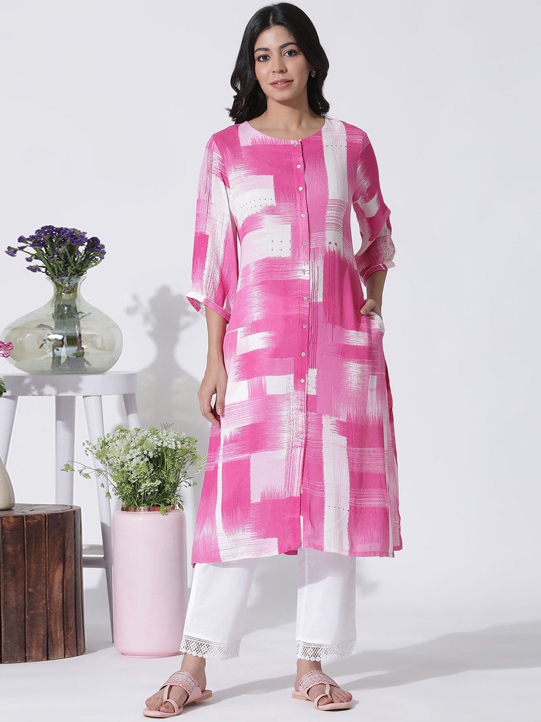 

W Abstract Printed Round Neck Puff Sleeves A Line Kurta with Trousers, Pink