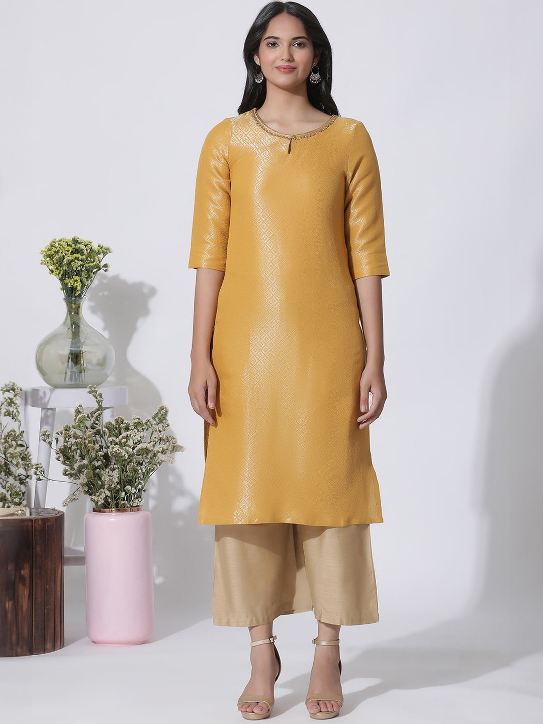 

W Beads and Stones Embroidered Geometric Keyhole Neck Straight Kurta with Palazzos, Yellow