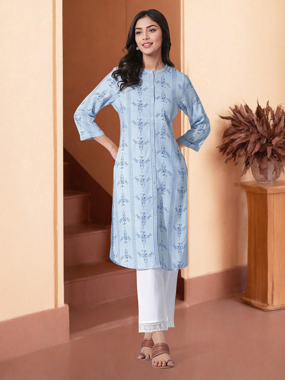 

W Geometric Printed Band Collar Straight Kurta with Trousers, Blue