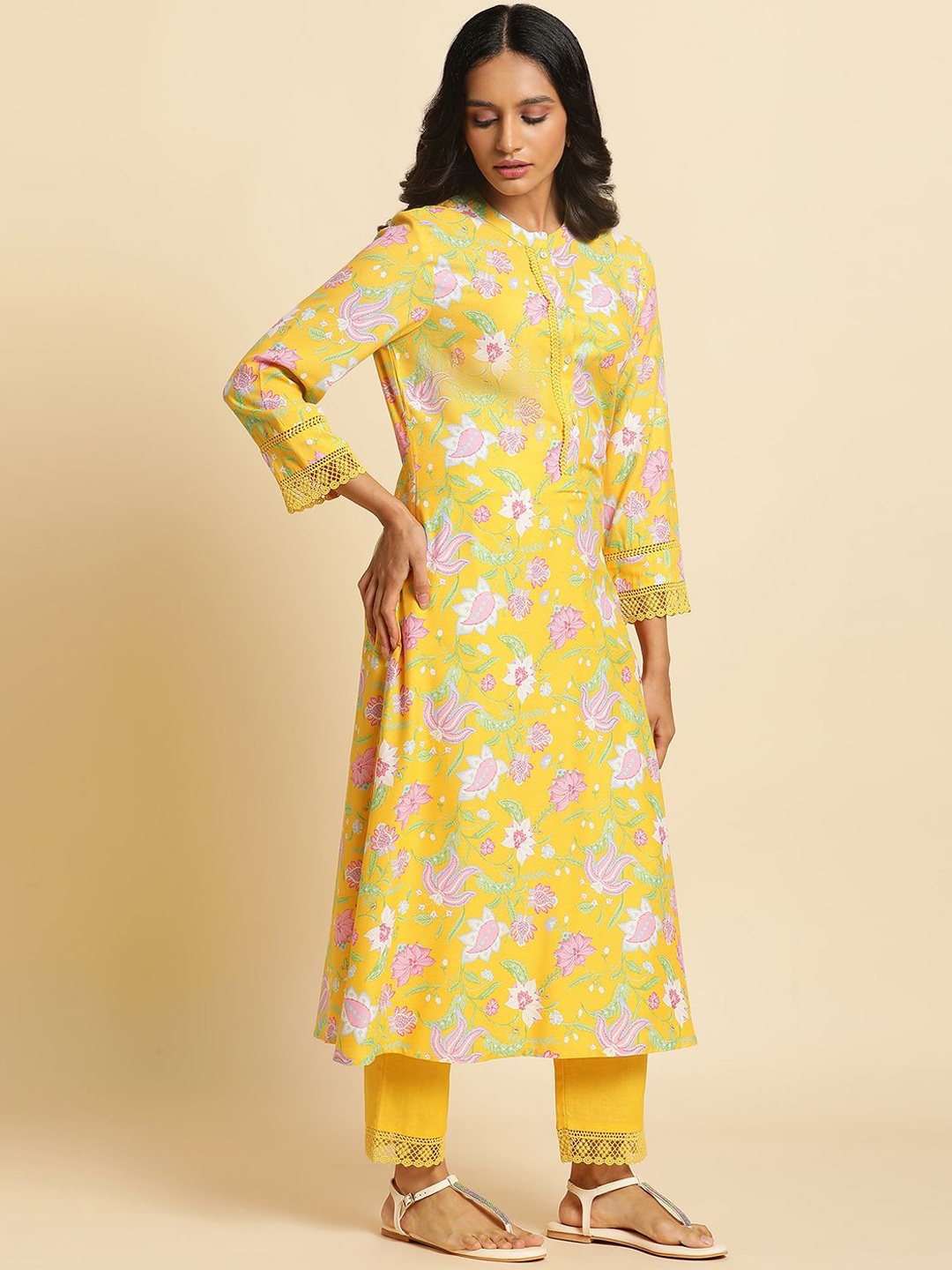 

W Yellow Floral Printed Mandarin Collar A-Line Kurta With Trousers