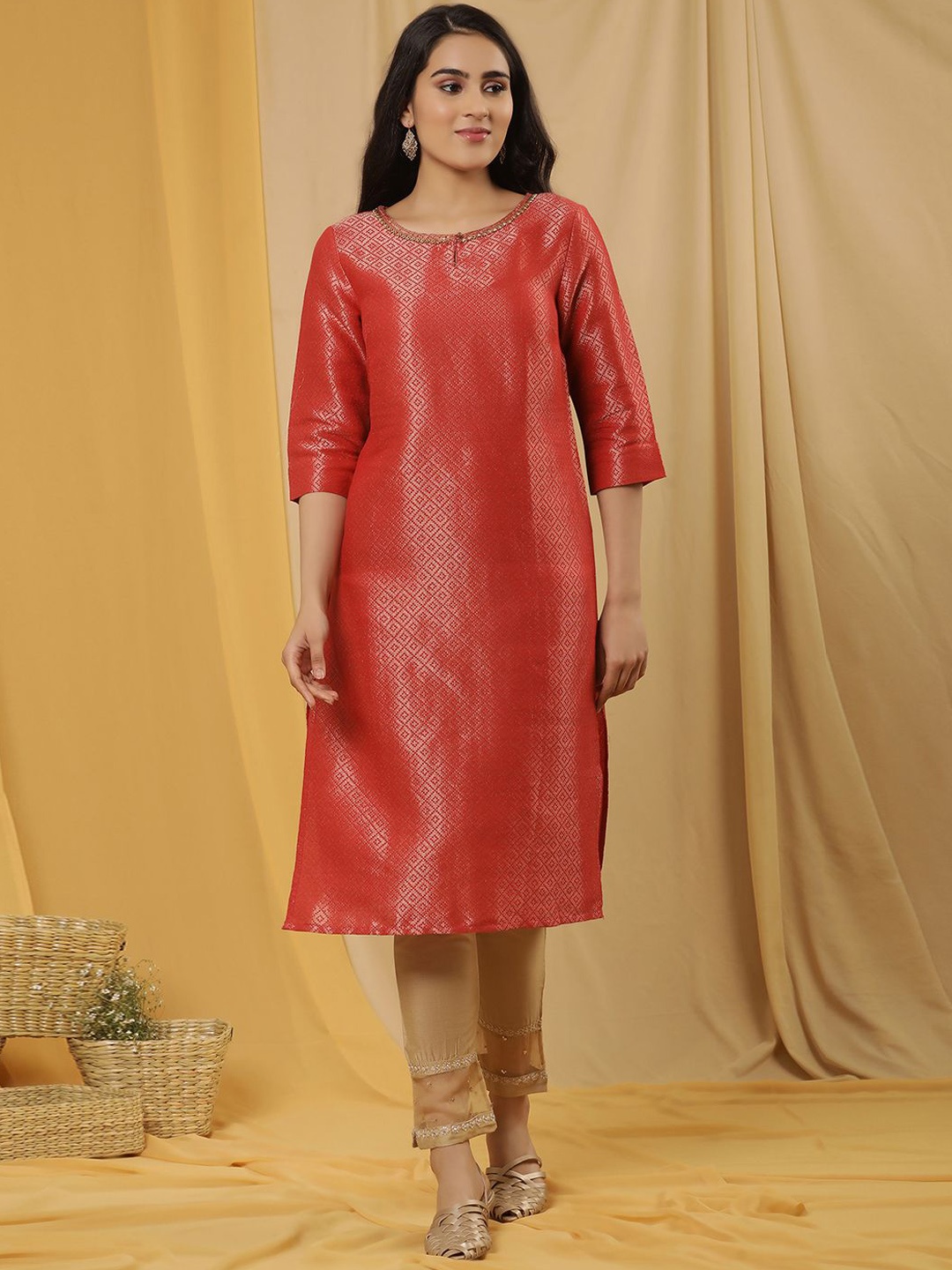 

W Red Ethnic Motifs Woven Design Beads & Stones Keyhole Neck Straight Kurta With Trousers