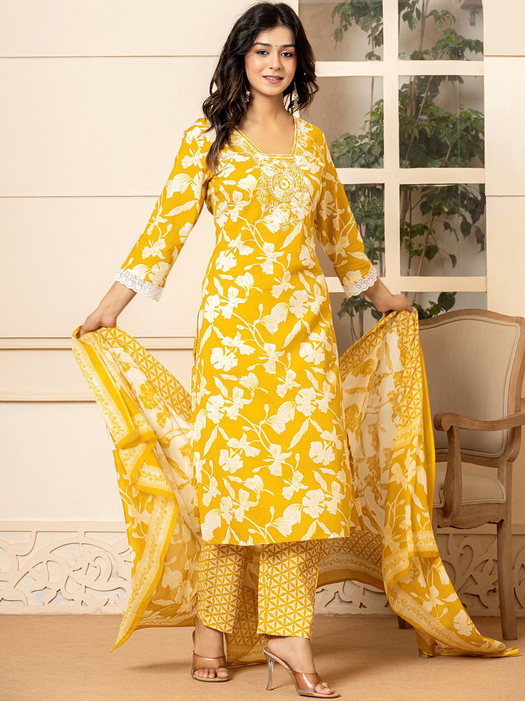 

Yufta Floral Printed Regular Thread Work Pure Cotton Kurta with Trousers & Dupatta, Mustard