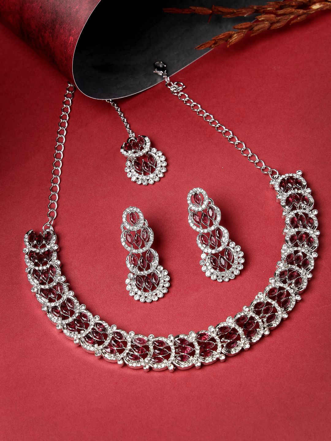 

Sukkhi Rhodium Plated American Diamond Studded Jewellery Set, Silver