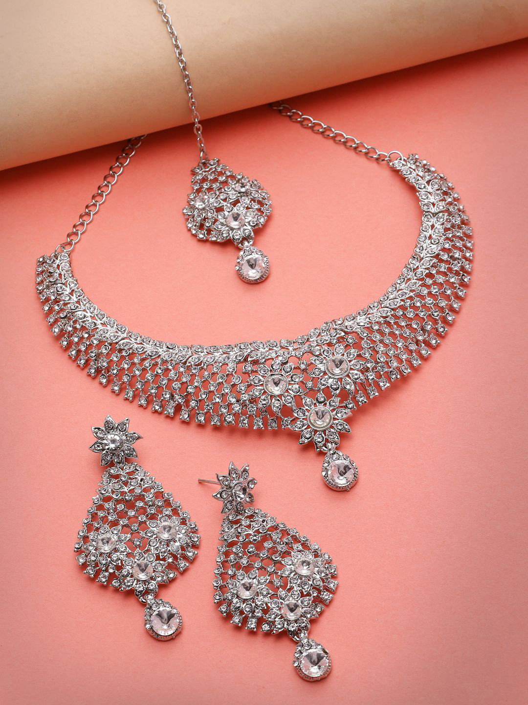 

Sukkhi Rhodium Plated American Diamond Stone Studded Jewellery Set, Silver