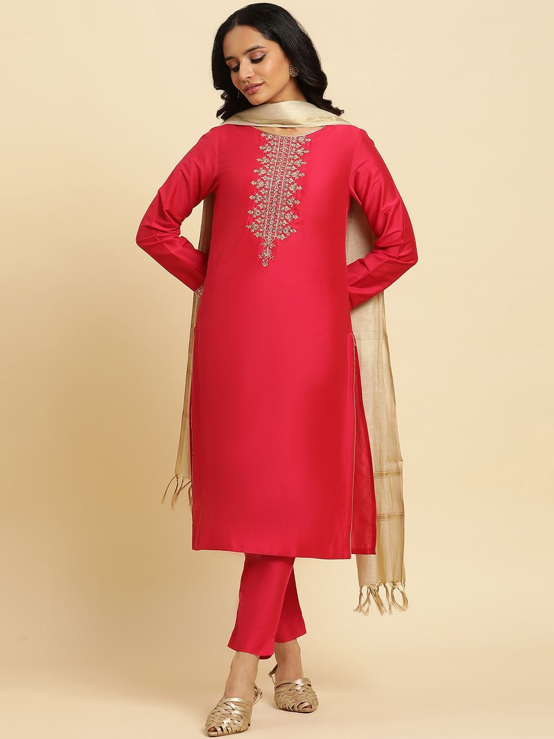 

W Floral Embroidered Regular Straight Kurta with Trousers & With Dupatta, Pink