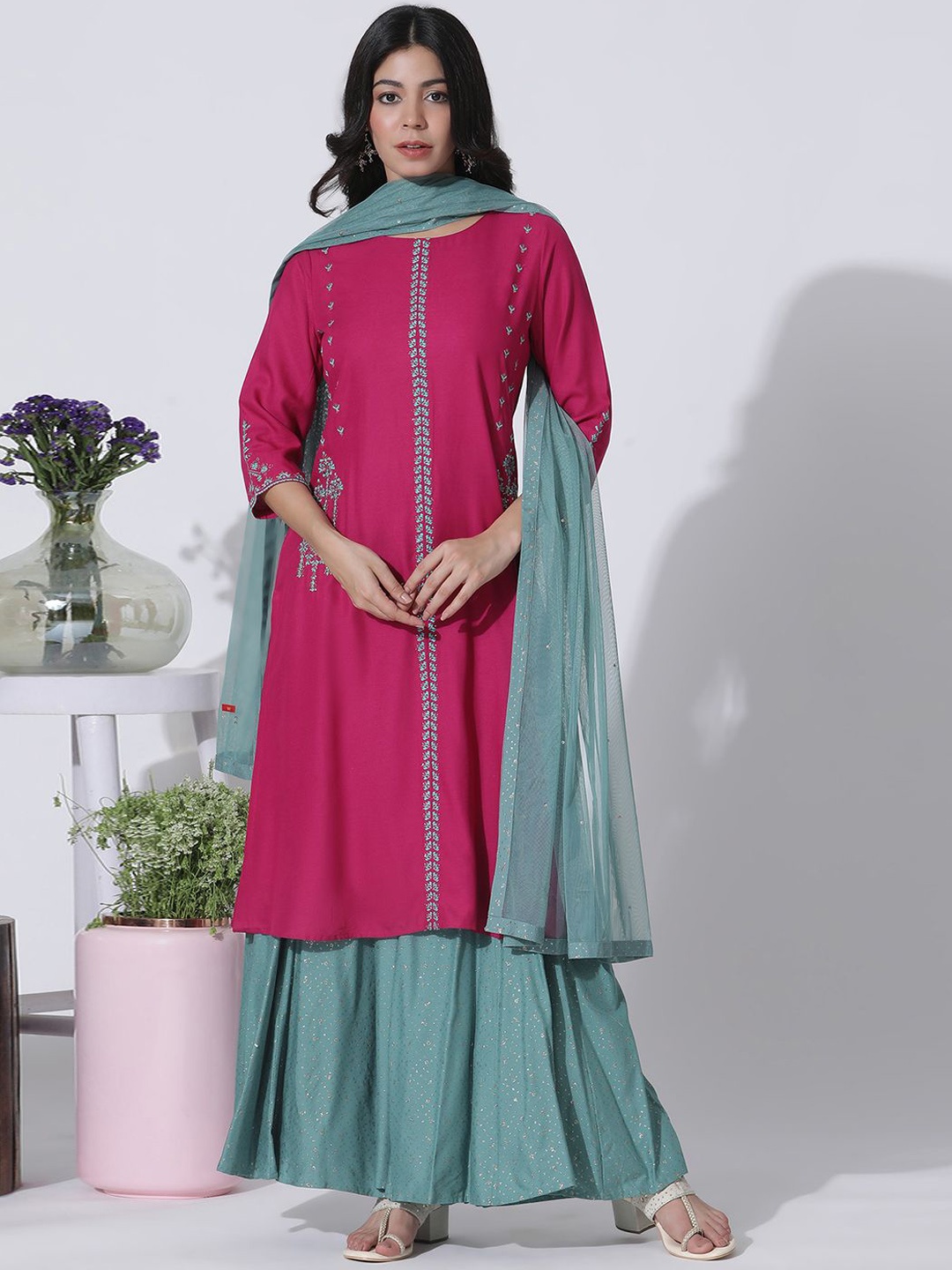 W Floral Embroidered Thread Work A-Line Kurta with Skirt & With Dupatta, Pink