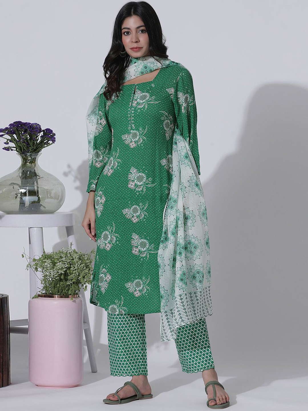 

W Floral Printed Regular Mirror Work Straight Kurta with Trousers & With Dupatta, Green