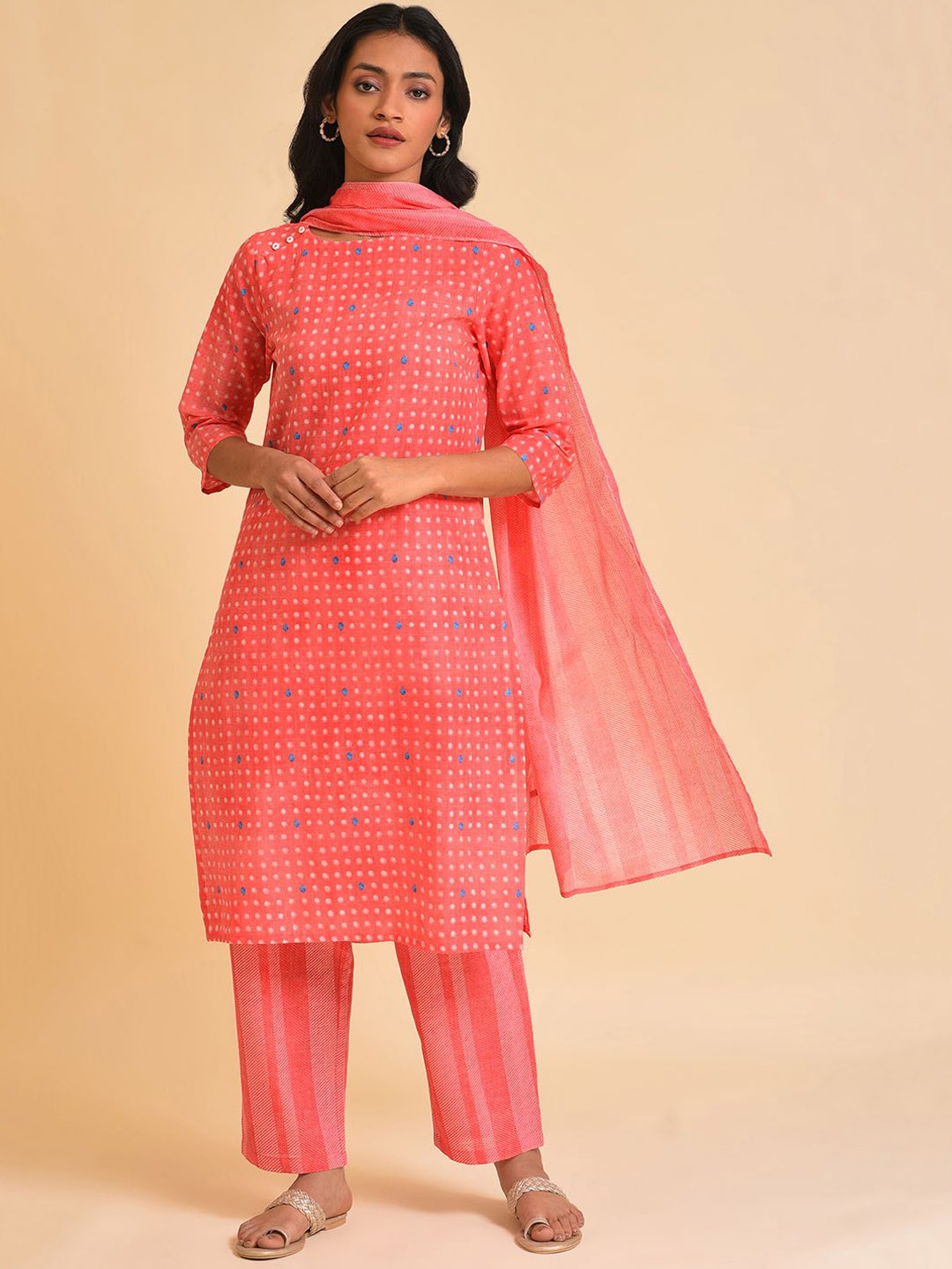 

W Printed Regular Pure Cotton Straight Kurta with Trousers & With Dupatta, Red