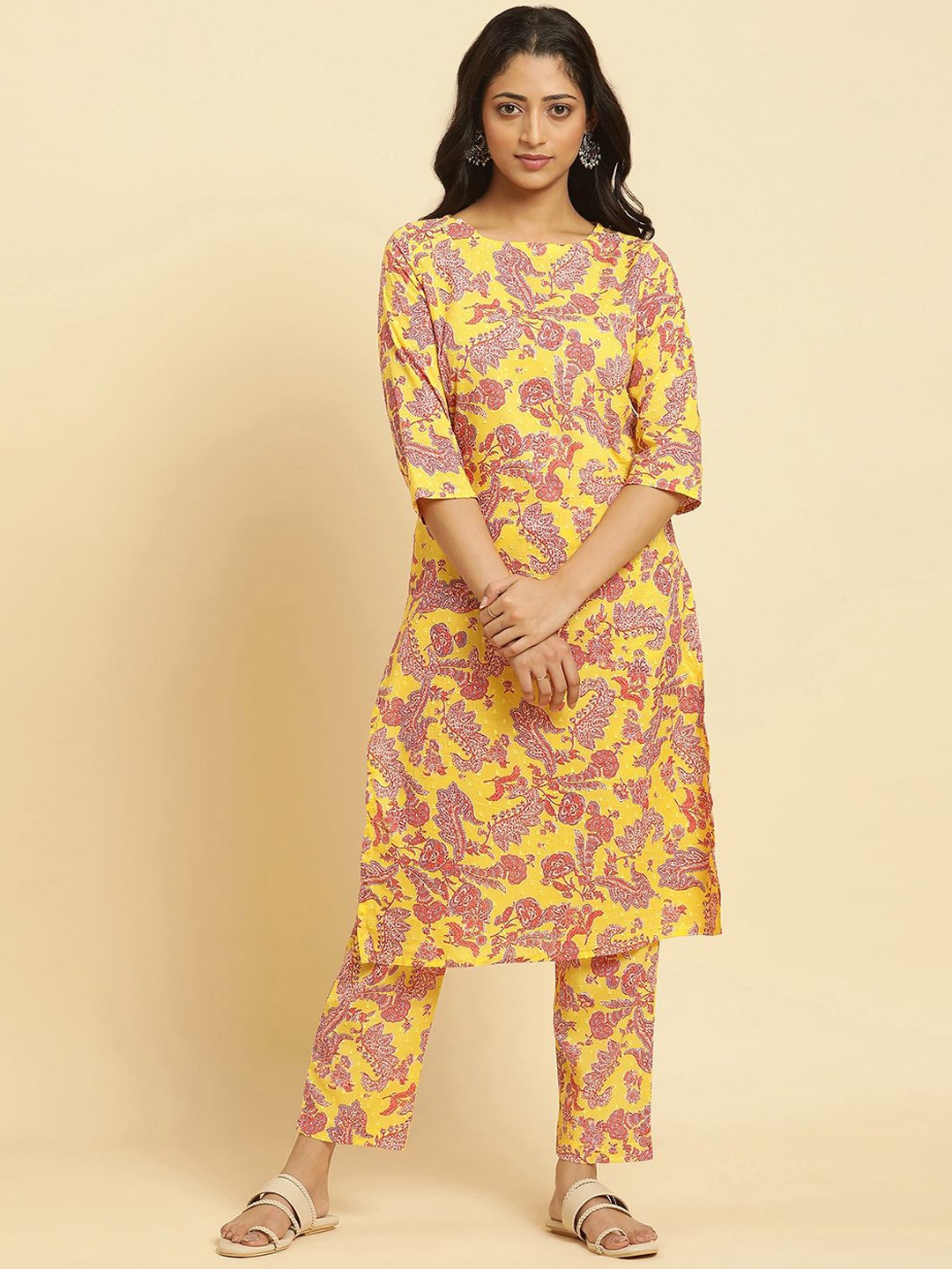 

W Floral Printed Pure Cotton Straight Kurta with Trousers, Yellow