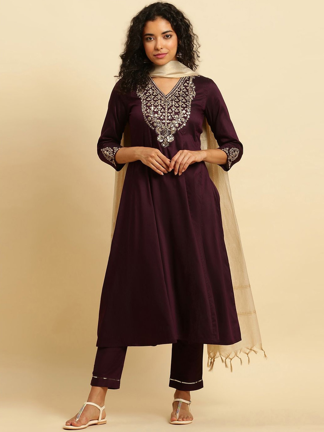 

W Floral Embroidered Sequinned Anarkali Kurta & Trousers With Dupatta, Purple