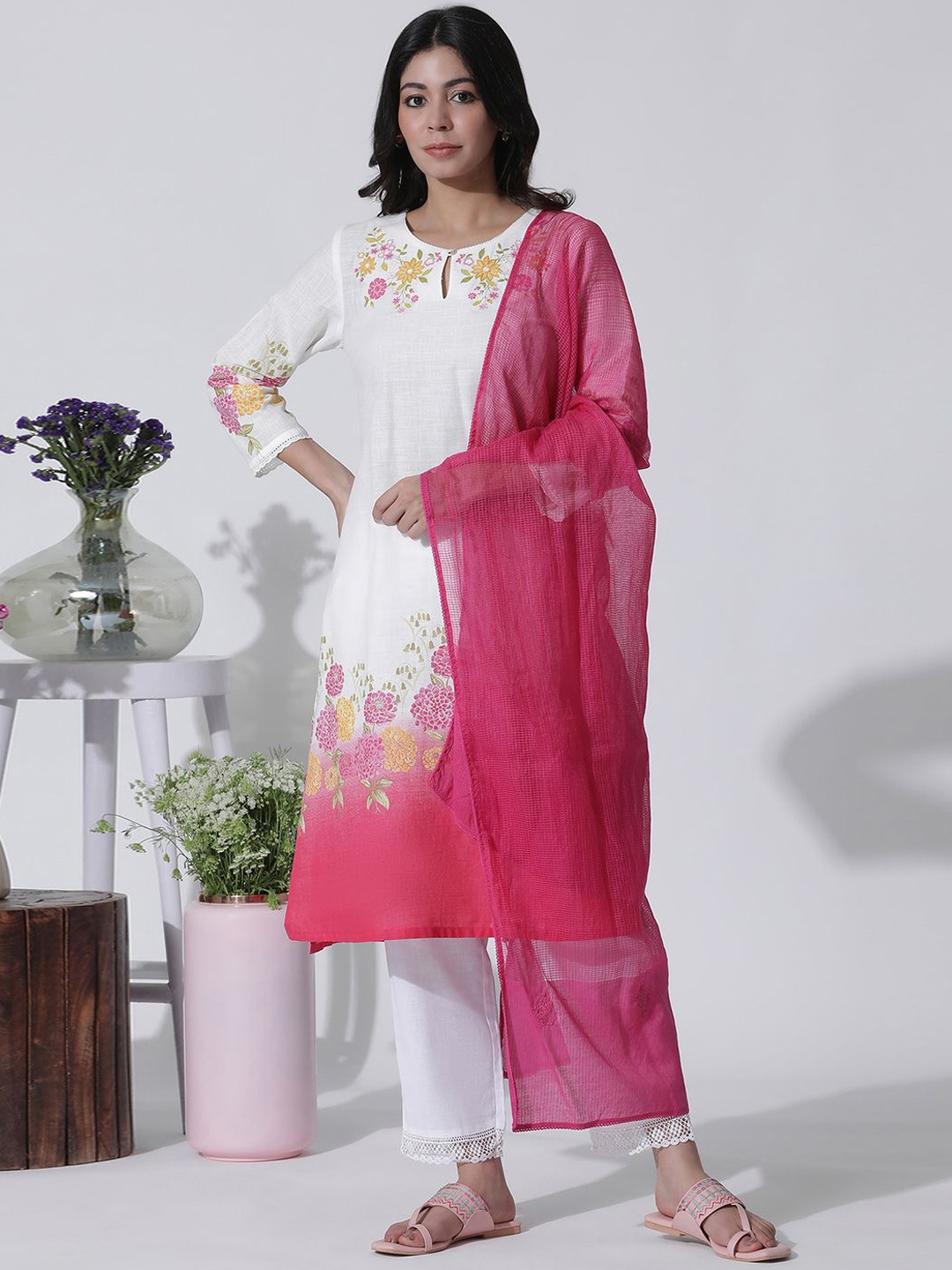 

W Floral Embroidered Pure Cotton A Line Kurta & Trousers With Dupatta, White