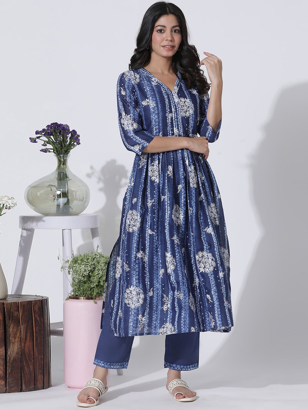 W Floral Printed Thread Work Pure Cotton Anarkali Kurta with Trousers, Blue