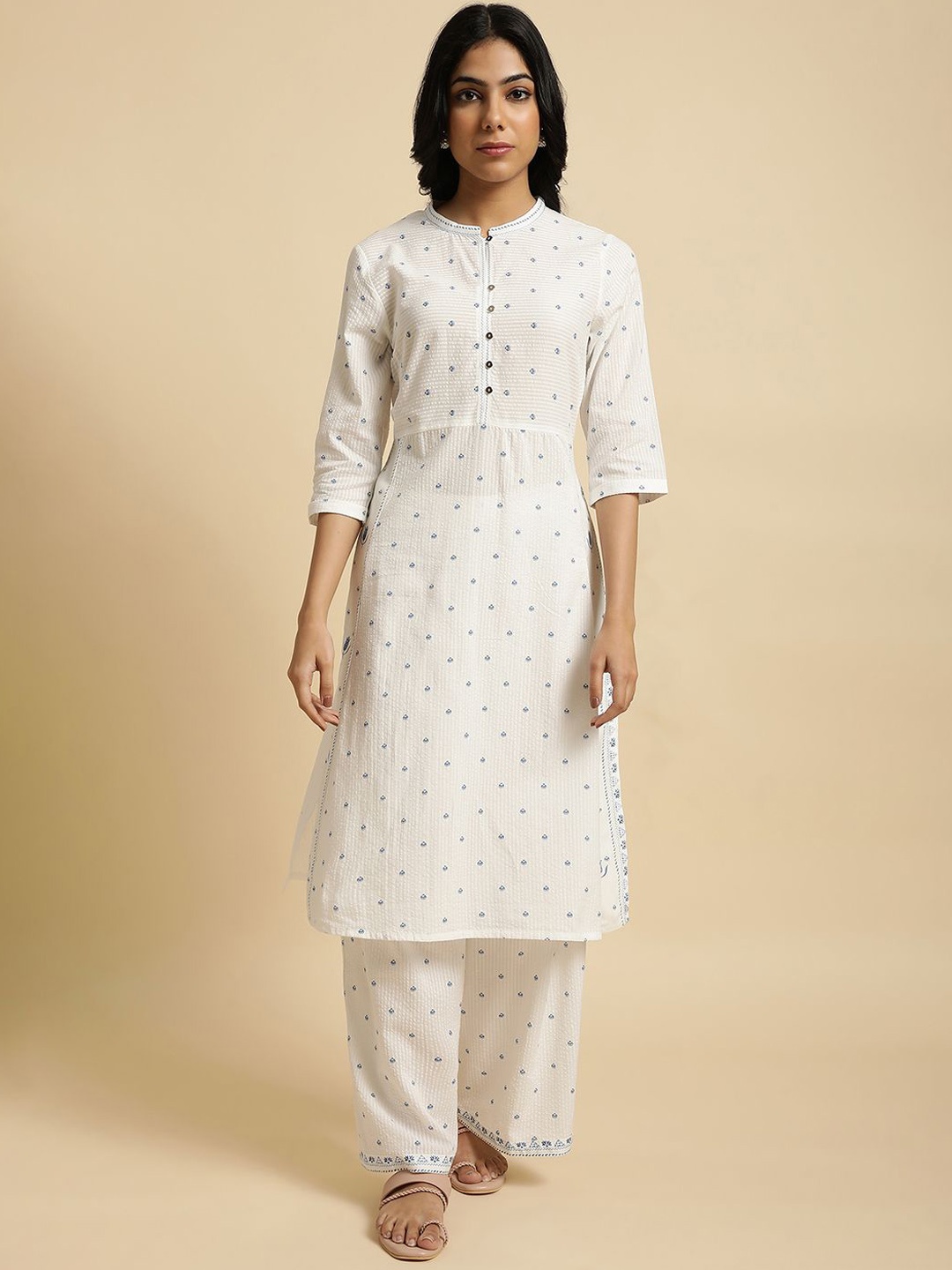 

W Floral Printed Pure Cotton Straight Kurta with Trousers, White