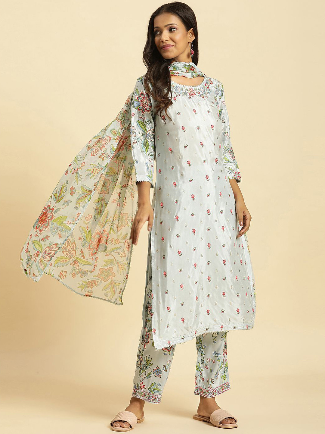 

W Floral Printed Thread Work Straight Kurta With Trousers & Dupatta, Blue