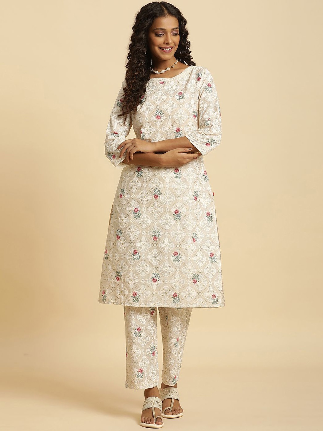 

W Floral Printed Boat Neck Pure Cotton Straight Kurta With Trousers, Beige