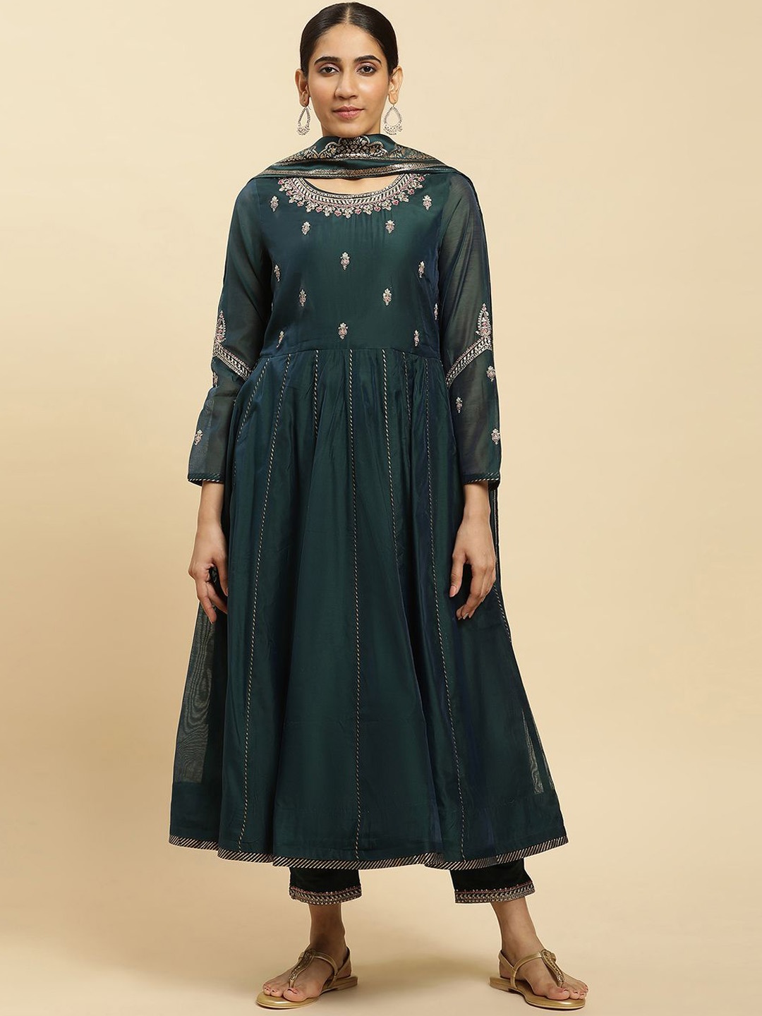 

W Ethnic Motifs Embroidered Round Neck Thread Work Anarkali Kurta With Trousers & Dupatta, Green