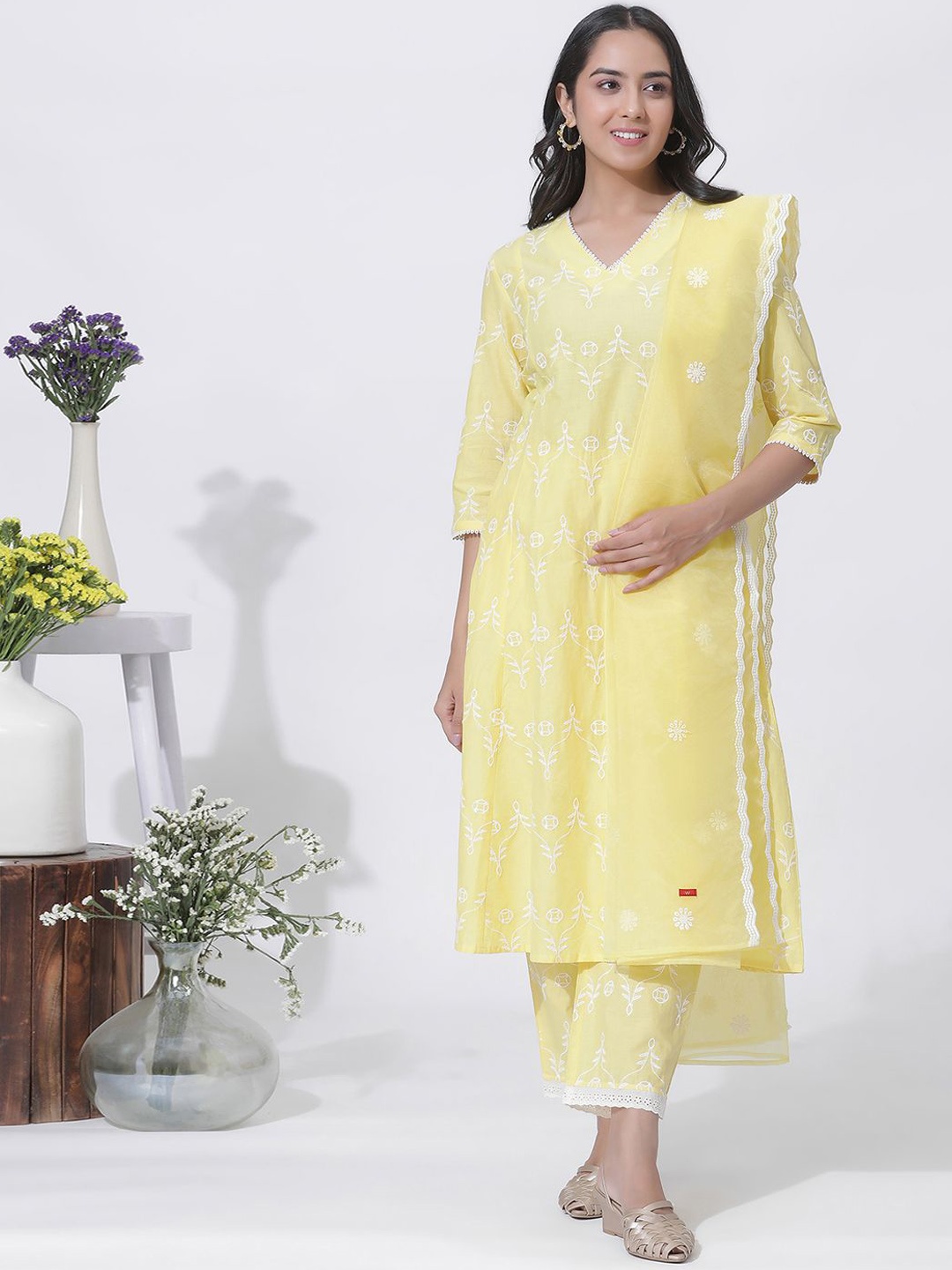 

W Floral Embroidered V-Neck Panelled Pure Cotton A-Line Kurta With Trousers & Dupatta, Yellow