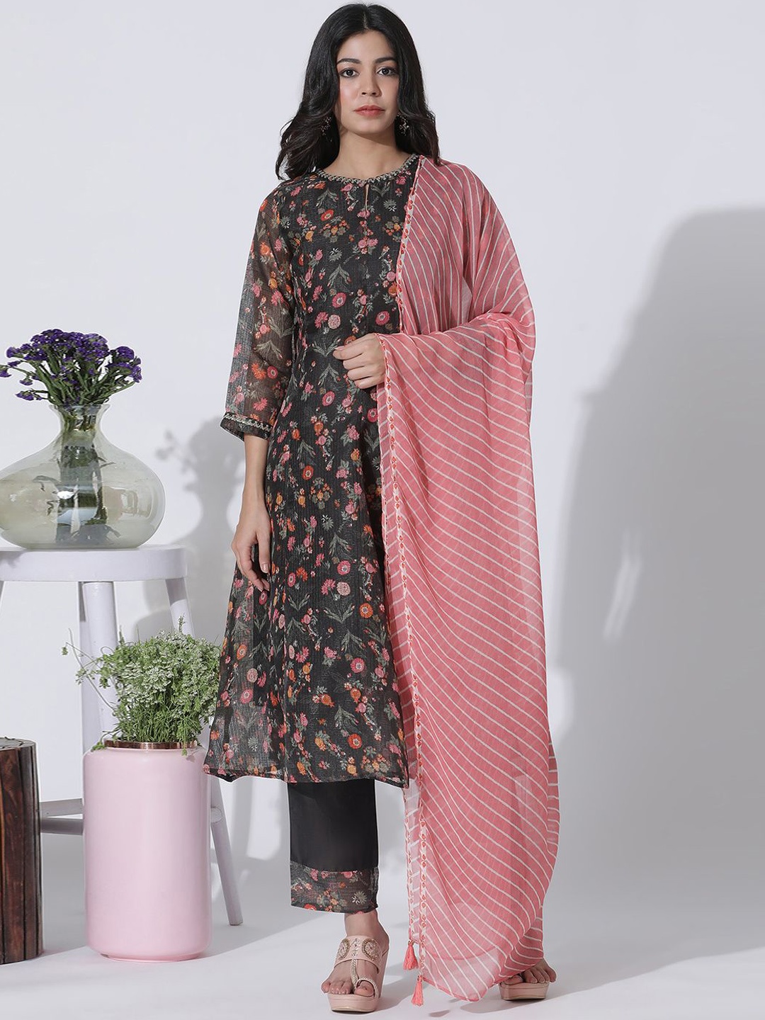W Floral Printed Regular Thread Work A-Line Kurta With Trousers & Dupatta, Brown