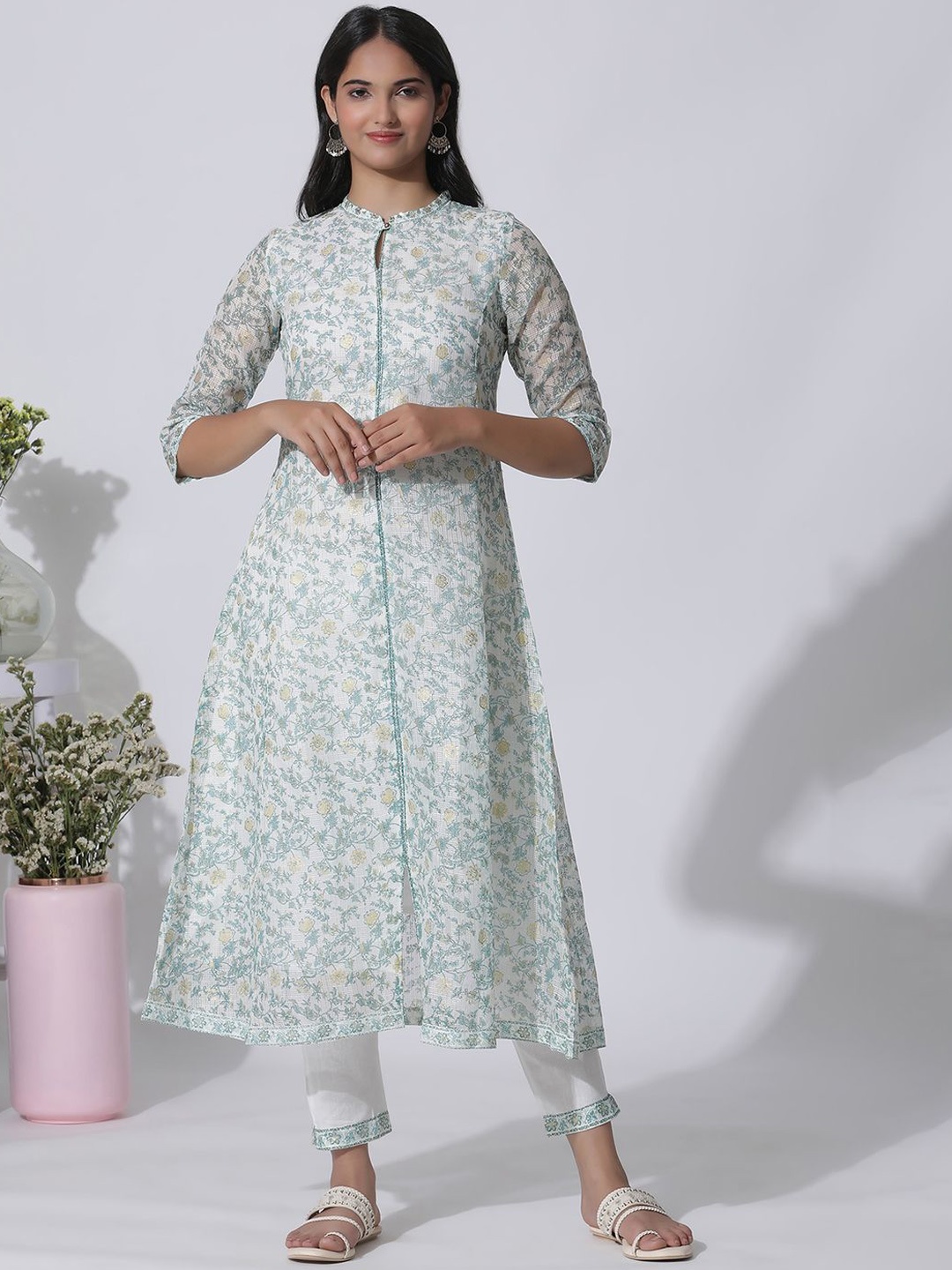 

W Floral Printed Panelled Sequinned A-Line Kurta With Trousers, Off white