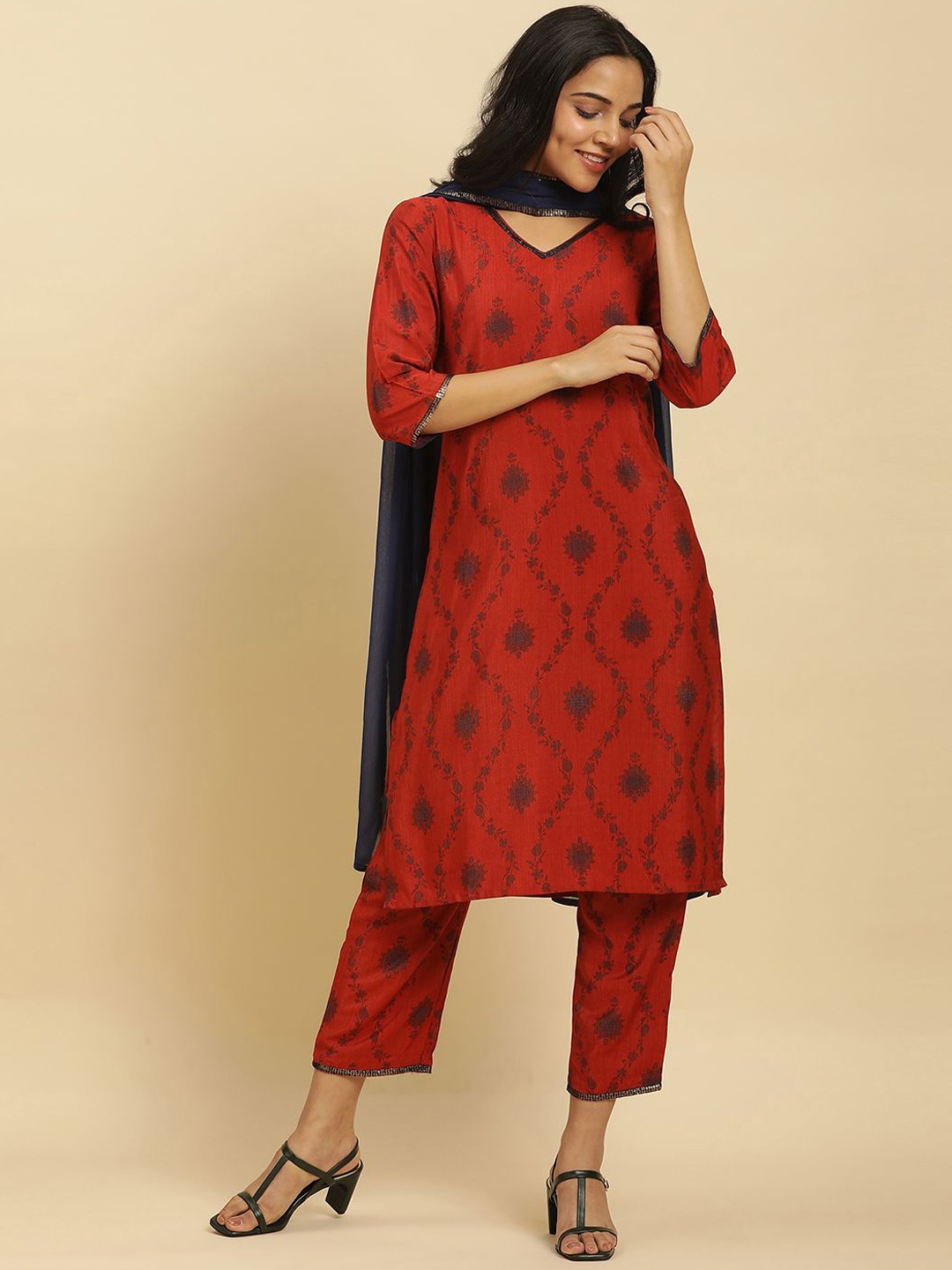 

W Floral Printed V-Neck Regular Sequinned Kurta With Trousers & Dupatta, Red