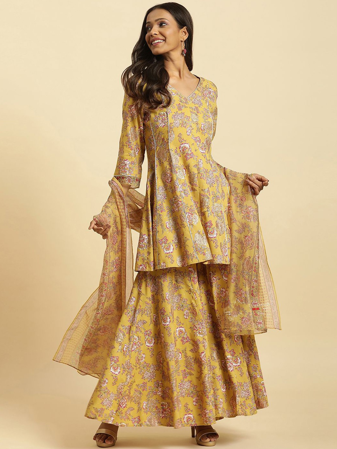 

W Floral Printed V-Neck Panelled Gotta Patti A-Line Kurta With Sharara & Dupatta, Yellow