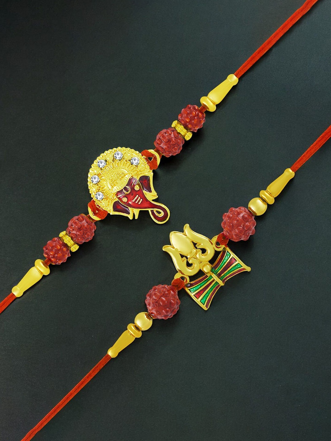 

Okos Set of 2 Gold Plated Auspicious Ganesha and Trishul Thread Rakhis