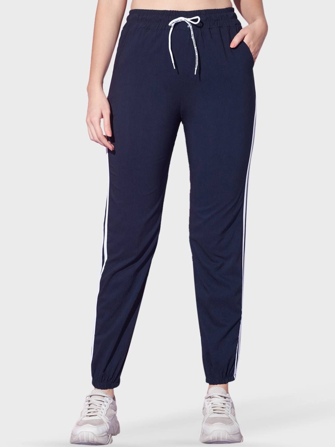

BUY NEW TREND Women Striped Mid Rise Joggers, Navy blue