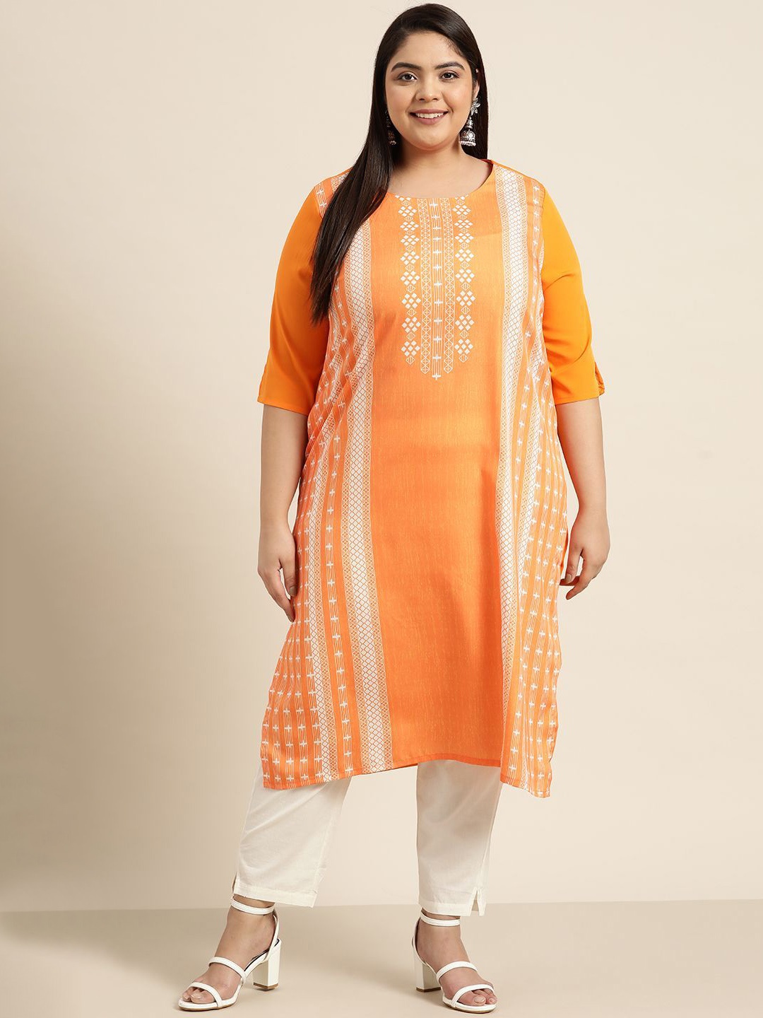 

Sztori Plus Size Geometric Printed Round Neck Straight Kurta, Orange