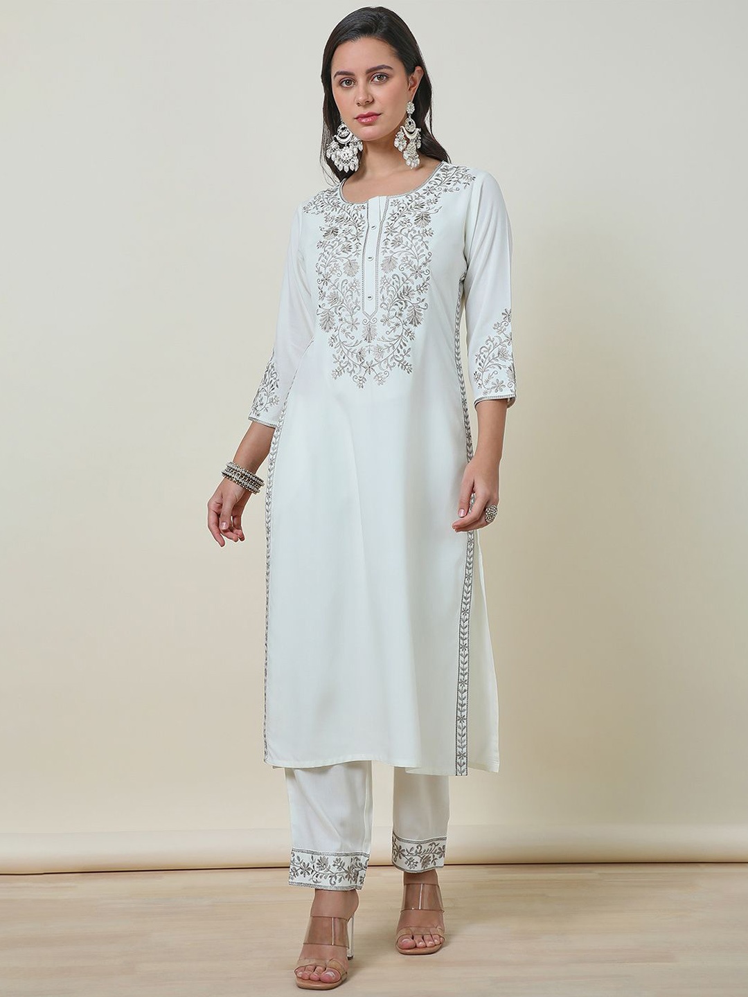 

Soch Rayon Embroidered Kurta Set With Thread Work, Off white