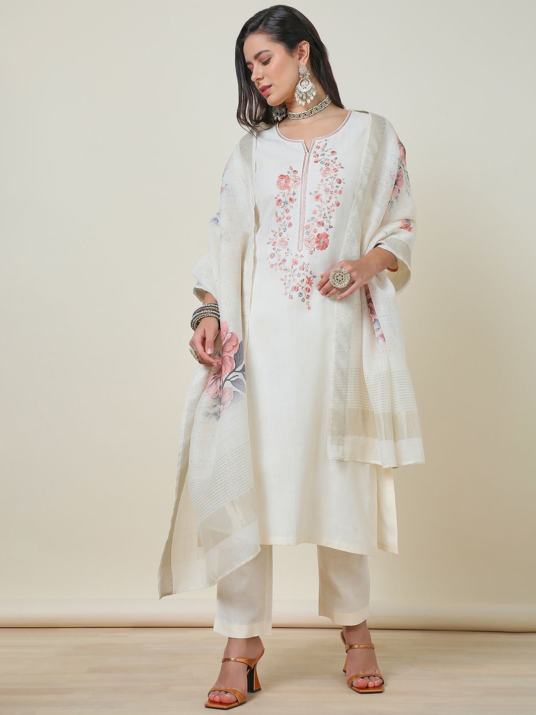 

Soch Silk Blend Embroidered Suit Set With Thread Work, Cream