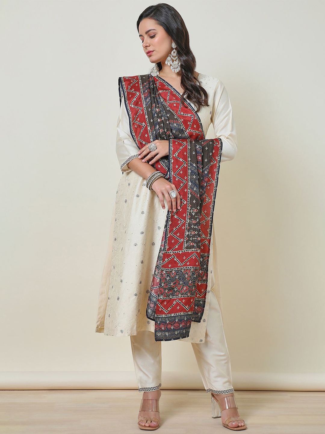 Soch Embroidered Suit Set With Mirror Work, Cream